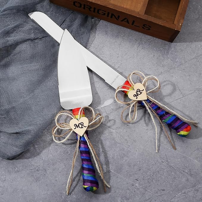 TANG SONG Set of 2 Mr & Mr Rainbow Gay Pride Flag LGBT Wedding Cake Knife and Serving Set with Rainbow Silk Ribbon and Heart Shaped Wood Tag Design Wedding Cake Knife (Set of 2)