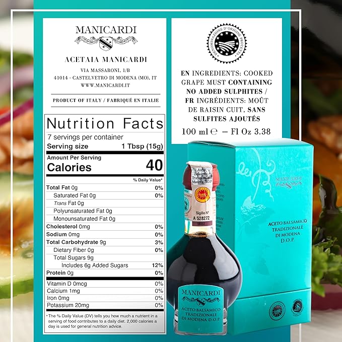 MANICARDI Traditional Balsamic Vinegar of Modena PDO Affinato Aged 12 Years - Aged Italian Vinegar Perfect for Snacks, Pasta, Vegetables, Salad Dressings, and Meat - Made in Italy, 3.38 Fl Oz (100 ml)