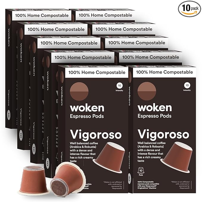 WOKEN COFFEE Compostable Nespresso Pods - Vigoroso Dark Roast Italian Espresso Coffee Capsules Compatible With Nespresso Coffee Machine (100 Pod Count, 10 Boxes)