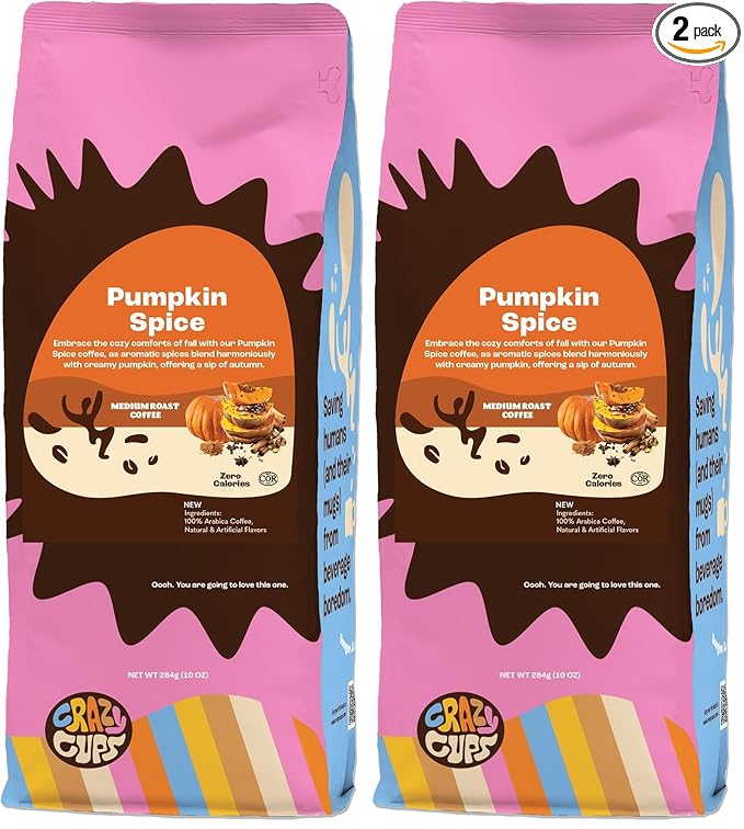 Crazy Cups Flavored Ground Coffee, Pumpkin Spice Coffee, For Brewing Flavored Hot or Iced Pumpkin Coffee, 10oz (Pack of 2)