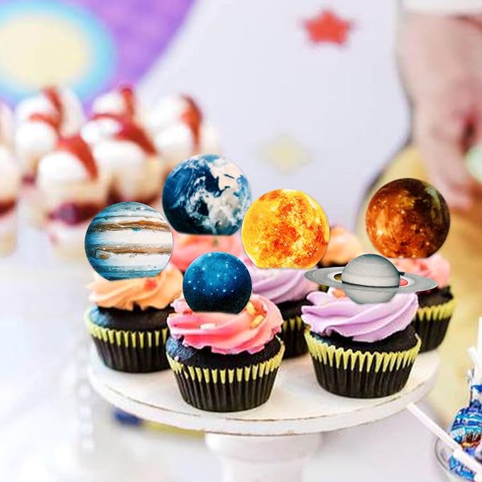 54 Pcs Edible Outer Space Cupcake Toppers Wafer Paper Solar System Galaxy Universe Planets Cupcake Picks for Drink Topper Baby Shower Boys Girls Birthday Outer Space Themed Party Cake Decorations