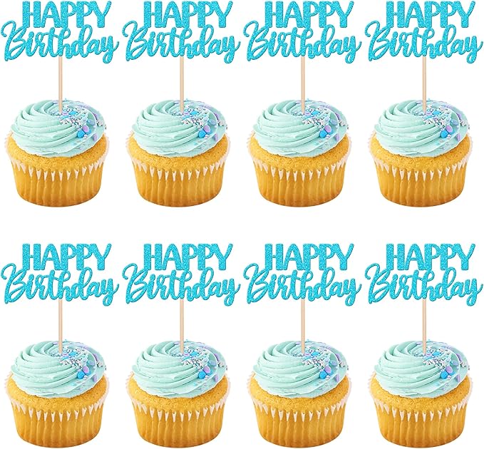 30 PCS Happy Birthday Cupcake Toppers Glitter Happy Birthday Cupcake Picks for Celebrating Birthday Anniversary Theme Party Cake Decorations Supplies Lake Blue