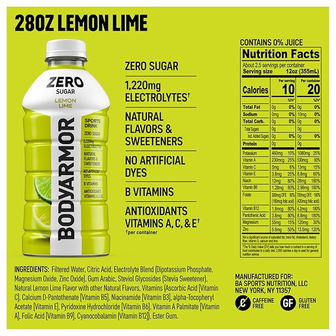 BODYARMOR ZERO Sugar Lemon Lime, Sugar Free Sports Drink - Low-Calorie Hydration - Natural Flavors with Potassium Packed Electrolytes, Antioxidants, and B-vitamins, 28 fl oz (Pack of 15)