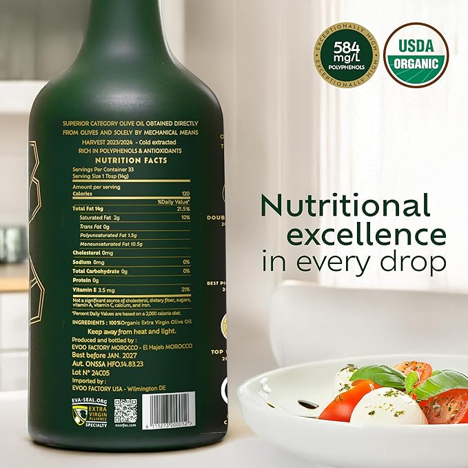 NOOR FÈS USDA Organic | 20+ Awards 584 mg/kg Polyphenol Rich | Premium Extra Virgin Olive Oil | Moroccan Cold Pressed EVOO | Less than 0.15% Acidity | Handpicked Picholine Olives | Pack of 2