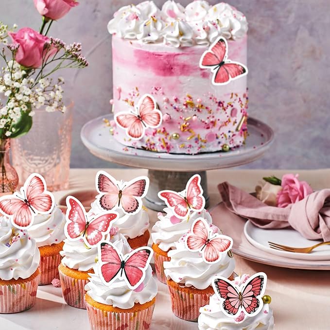 48Pcs Edible Butterfly Cupcake Toppers Double Layer Butterfly Decorations for Women's Happy Birthday Cake Decorations Party Decorations