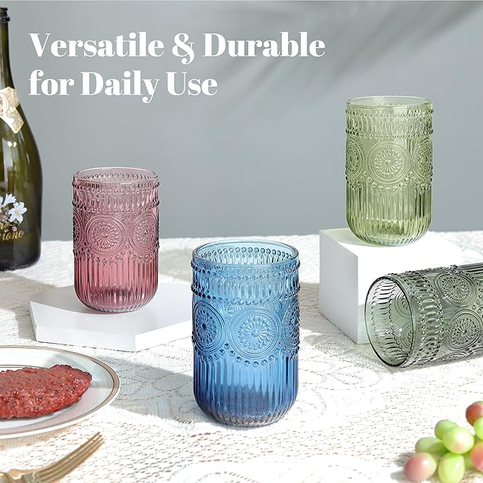 Joeyan Vintage Drinking Glasses Set of 4,14 oz Embossed Sunflower Beaded Highball Glass Water Tumbler Cups,Colored Romantic Glassware for Beverages Cocktail Juice Wine,Multicolor,Dishwasher Safe