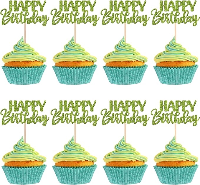 30 PCS Happy Birthday Cupcake Toppers Glitter Happy Birthday Cupcake Picks for Celebrating Birthday Anniversary Theme Party Cake Decorations Supplies Green