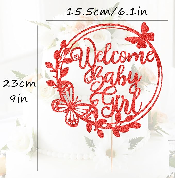 Welcome Baby Girl Cake Topper - Red Glitter Baby Shower Cake Decorations, Baby Girl Cake Decor, for Baby Shower/Birthday Party/Gender Reveal Party Photo Booth Props