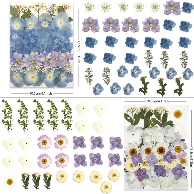 LUXEEASE 140 Pcs Dried Pressed Hydrangea Flowers for Crafts, Real Natural Blooms in Blue, Pink & White Tones with Foliage Accents, Perfect for Resin Art, DIY Jewelry & Home Decor – Tweezers Included