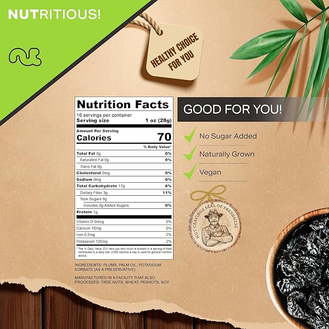 NUT CRAVINGS - Dried Prunes Pitted Unsweetened, Dry Plums No Sugar Added, Unsulphured (16oz, 1 LB) Bulk Dry Fruits Packed Fresh in Resealable Bag - Sweet Healthy Snack, Naturally Grown, Vegan, Kosher
