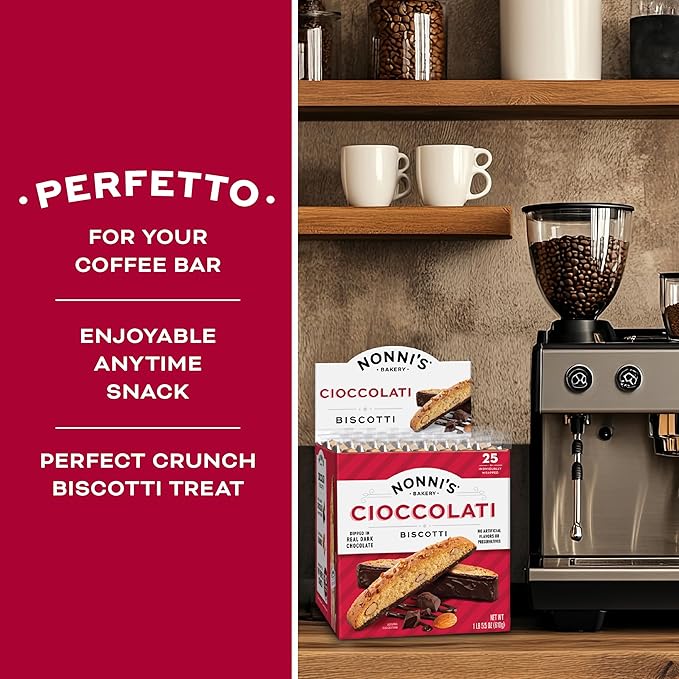 Nonni's Cioccolati Dark Chocolate Almond Biscotti Cookies ??Individually Wrapped Italian Coffee Snack, Crunchy Twice-Baked, 90 Cal Each, 21.5 oz Carton, 4 Pack