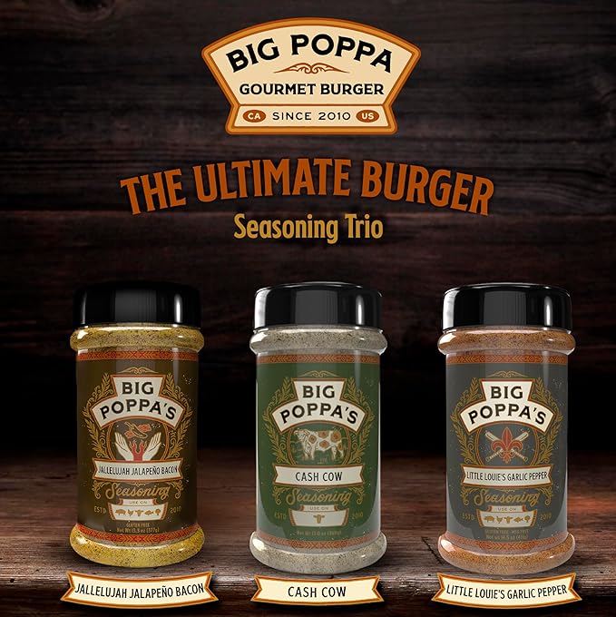 Big Poppa's Gourmet Burger Kit (3-Pack) – Includes Jallelujah Jalapeño Bacon, Little Louie's Garlic Pepper & Cash Cow Beef Seasoning – Ultimate Gluten-Free BBQ Seasoning Bundle for Beef Patties