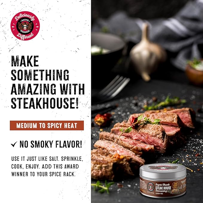 Sauce Goddess - Super Chunk Steakhouse Seasoning (2 Tin Cans) - No Sugar, Additives, Vegan, Gluten-Free, Perfect for Meat, Chops & More - 1.75g Each