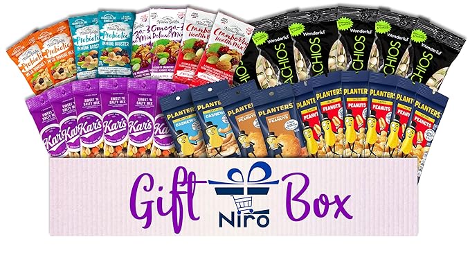 Niro Gift Basket Assortment | Individual Nuts Snack Packs, Trail Mix Individual Packs Bulk - 30 Packs Mix Nuts Kit - Salted Cashews, Roasted & Unsalted Almonds