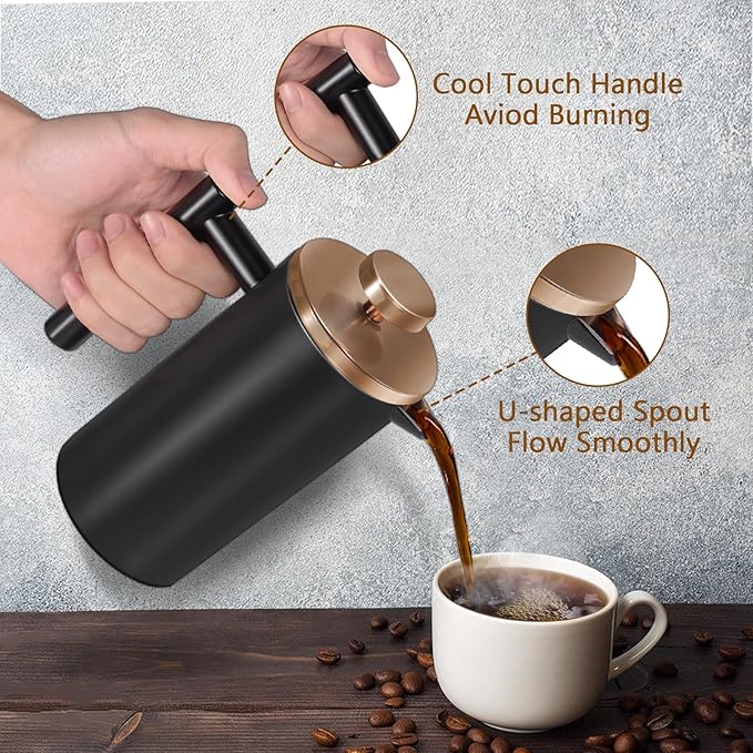 Black Stainless Steel French Press Coffee Maker, Double Wall Insulated French Press,for Coffee&Tea,with 3 Extra Screens and a Coffee Spoon,50oz/1500ml,Gold