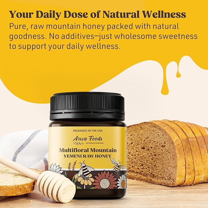 Arwa Foods Multifloral Mountain Yemeni Raw Honey - Royal Yemeni Raw Organic honey from Wadi of Douan - Sealed & Packaged in USA - 100% Unfiltered, Raw & Pure Honey (8.82 oz)