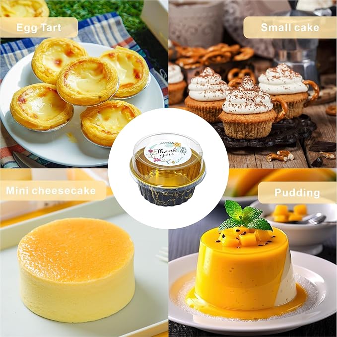 100 Pack Aluminum Foil Cupcake Baking Cups w Lids Spoons and Stickers for Birthday Party Decoration Supplies, 5oz Mini Cake Pans Disposable Ramekins Cups Cheesecake Containers for Wedding, Marble