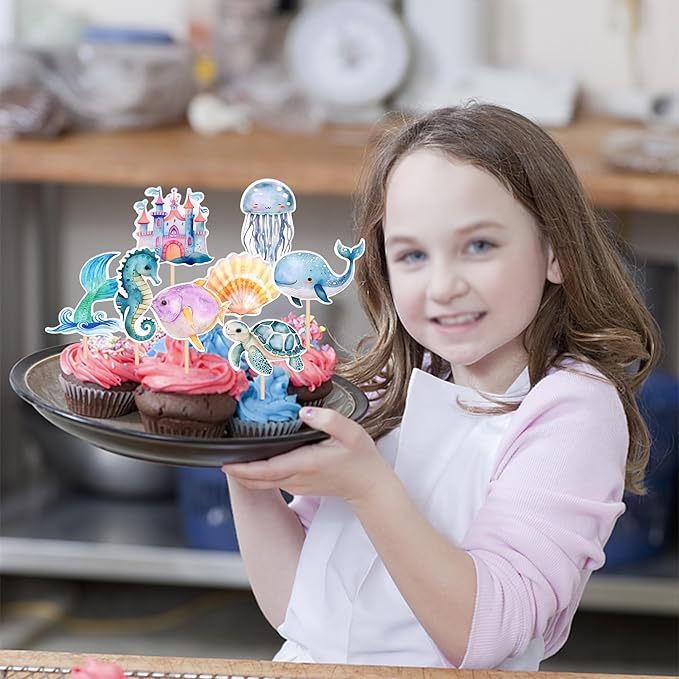 32 Pack Mermaid Cupcake Toppers Under The Sea Octopus Starfish Mermaid Tail Cupcake Picks Jellyfish Seahorse Coral Cupcake Decorations for Baby Shower Under The Sea Party Birthday Cake Decorations