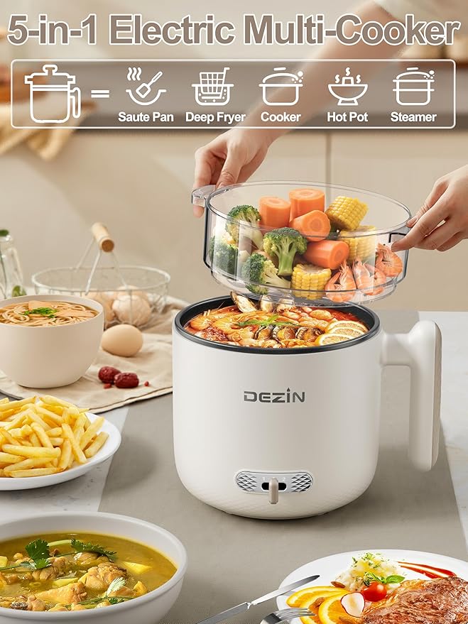 Dezin Electric Pot with Steamer, 1.8L Dual Power Ramen Cooker, Portable Non-Stick Hot Pot Electric for Soup, Pasta, Egg, Oatmeal, Overheat & Boil-Dry Protection, Ideal for Dorm, Office(Beige)