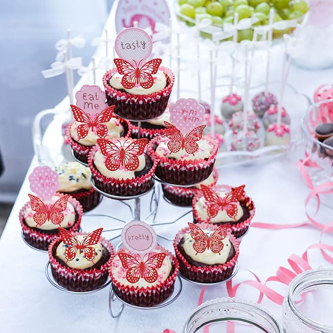 Gyufise Metallic Red Butterfly Cupcake Toppers Hollow Art 3D Butterfly Cupcake Decorations Baby Shower Wedding Anniversary Kids Birthday Party Cake Wall Decorations Supplies 36Pcs