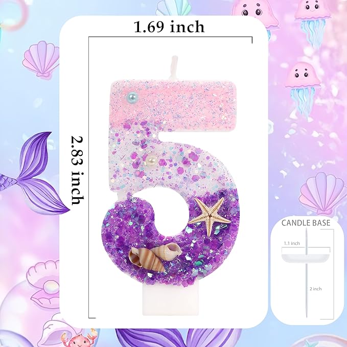 Pink and Purple Number 5 Birthday Candle, 2.76 inch Cake Topper with Conchs Starfish for Mermaid Theme Birthday Party Decoraions (Number 5)