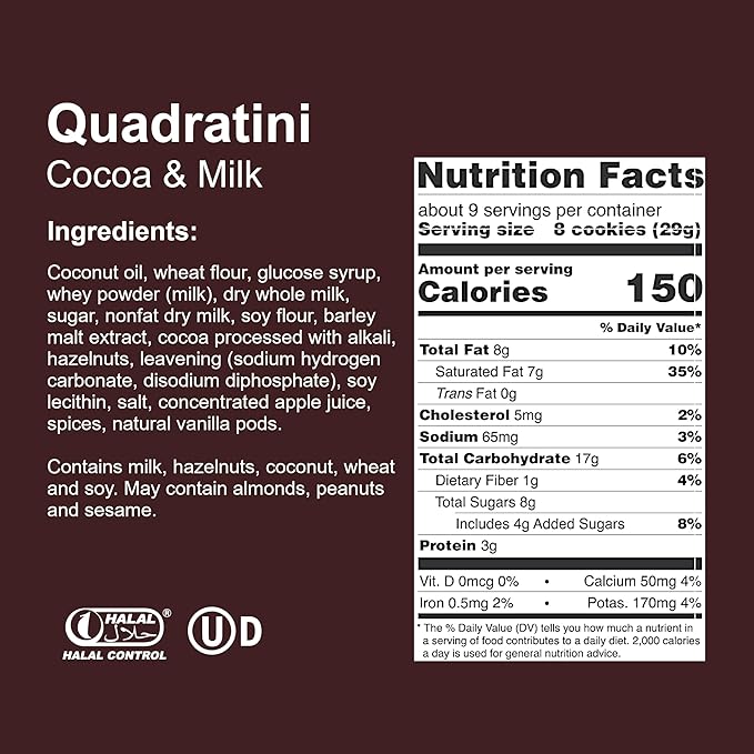Loacker Quadratini Cocoa & Milk Wafer Cookies LARGE - 30% Less Sugar - Premium Crispy Bite Size Cocoa Wafers - NON-GMO - LARGE Pack of 6