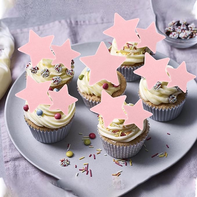 60 Pack Edible Star Cupcake Topper Twinkle Little Star Cupcake Picks Water Paper Little Star Theme Cupcake Decorations for Wedding Engagement Bridal Shower Birthday Party Supplies Pink