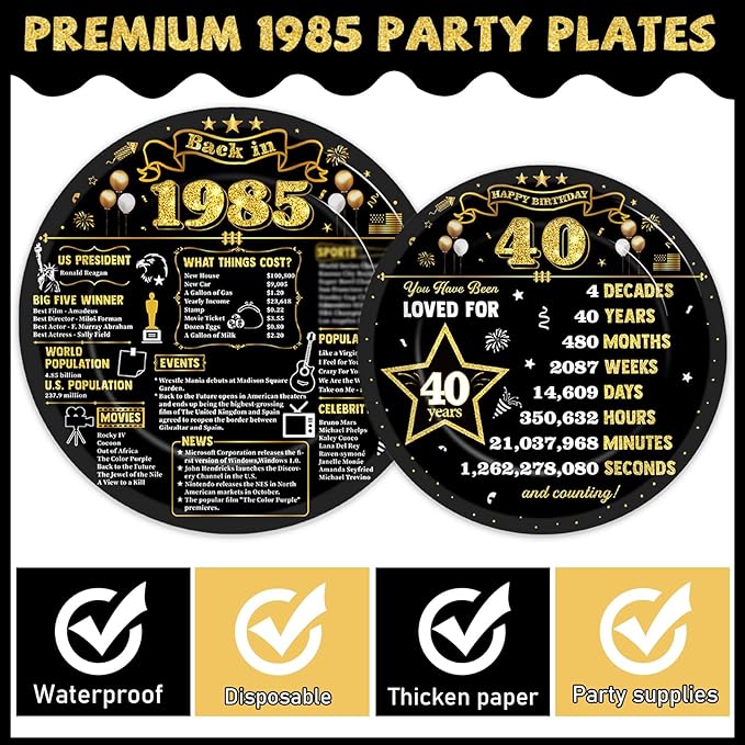 96Pcs 40th Birthday Plates and Napkins Back in 1985 Party Decorations Black Gold 40 Year Old Dessert Plates 1985 Birthday Cheers to 40 Years Theme Tableware Set for 24 Guests Men Women Party Supplies