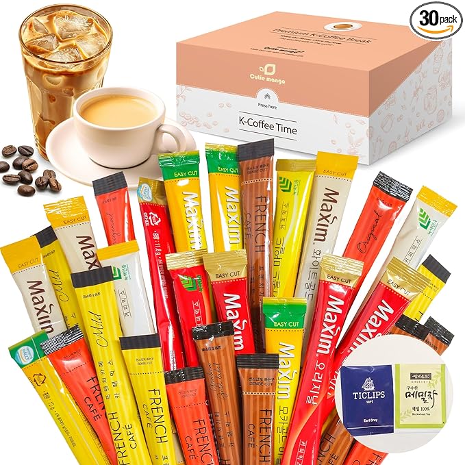 CUTIE MANGO Maxim French Premium Korean Instant Coffee Mix Sampler 6 Flavors Assortment Café Style Camping Party Single Serve Packets 30 Variety Pack (5 Sticks Each) with Complimentary 2 Teabags