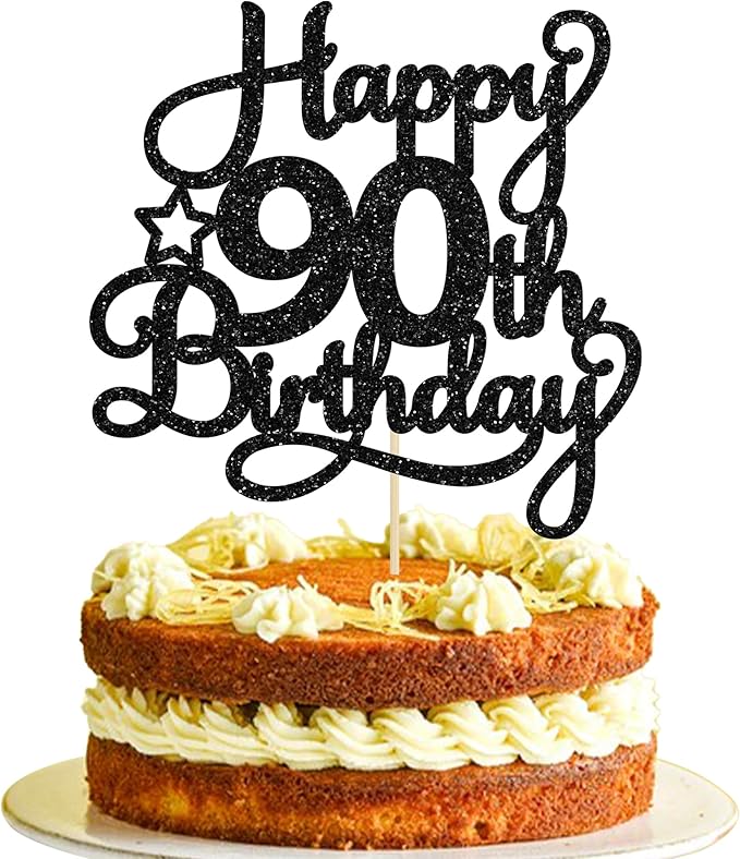 1 Pack Happy 90th Birthday Cake Topper Black Glitter 90 & Fabulous Cheers to 90 Years Old Birthday Cake Pick for Celebrating 90th Birthday Anniversary Party Cake Decorations Supplies