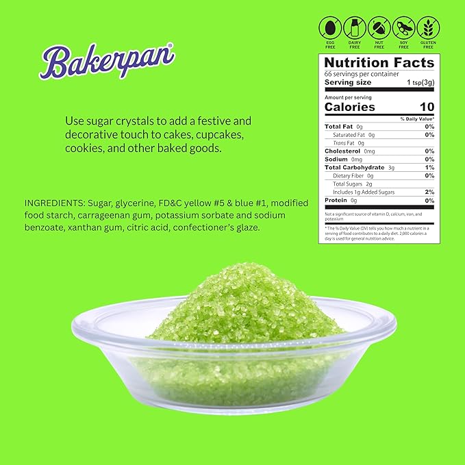 Bakerpan Sugar Sprinkles for Baking - 7 Ounce Lime Green Decorating Sugar Crystals for Cookies, Cake Pops, Ice Cream (Made in USA)