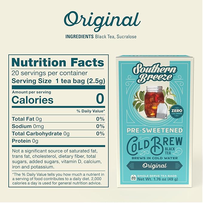 Southern Breeze Cold Brew Sweet Tea Original Iced Tea with Black Tea and Zero Carbs Zero Sugar, 20 Individually Wrapped Tea Bags Southern Sweet Tea Iced Tea Beverage