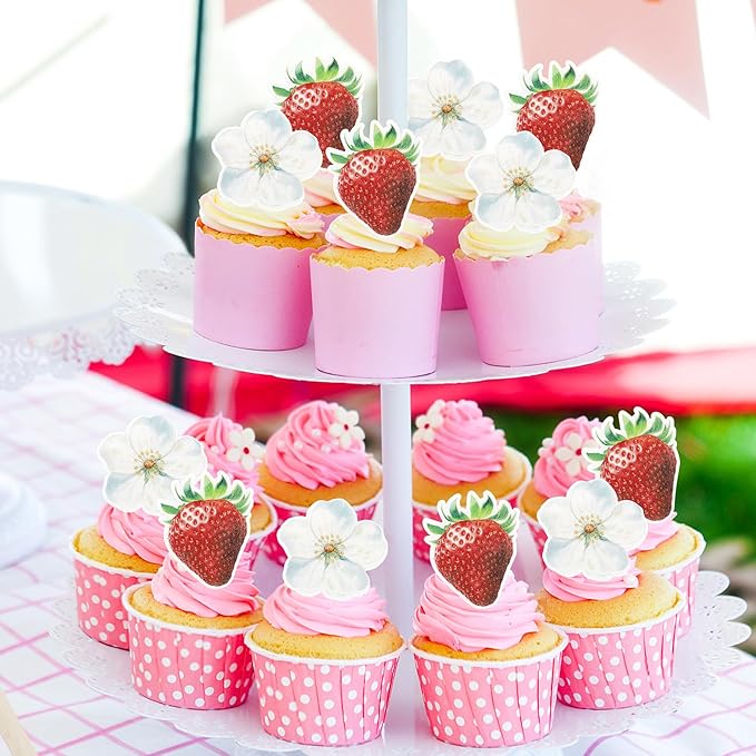 60 Pack Edible Sweet Strawberry Flower Cupcake Toppers First Birthday Strawberry Cake Toppers Rice Paper Wafer Paper Cake Picks for Fruit Baby Shower 1st Berry Sweet Kids Birthday Cake Decorations