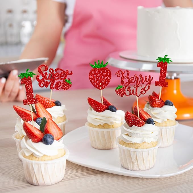 24Pcs Sweet One Cupcake Toppers Glitter First Birthday Strawberry Cupcake Picks for Fruit Baby Shower 1st Birthday Berry Sweet Cupcake Decorations Party Supplies Red