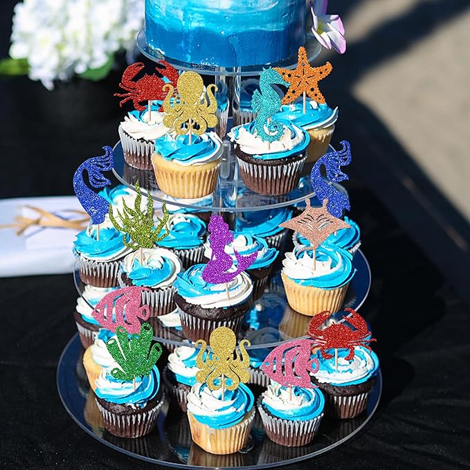 30 Pack Mermaid Cupcake Toppers Glitter Seahorse Starfish Mermaid Tail Cupcake Picks Octopus Jellyfish Mermaid Tail Cupcake Decorations for Baby Shower Under The Sea Birthday Cake Decorations