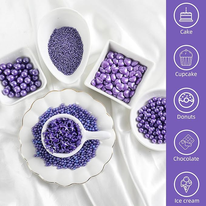 Kasvan Edible Pearl Sugar Sprinkles, Purple Sprinkles for Cake Decorating, 230g/8.1oz, Ice Cream Toppings and Cookie Decorating, Wedding Party Chirstmas Supplies (Purple)