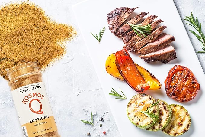 Kosmos Q Anything Seasoning, All-Purpose Spice Mix with Onion, Garlic, Paprika & Herbs, Sugar Free, Zero Calories, Keto & Paleo Friendly, Clean Eating Dry Rub For Meat, Veggies & More, 5.2 Oz Shaker