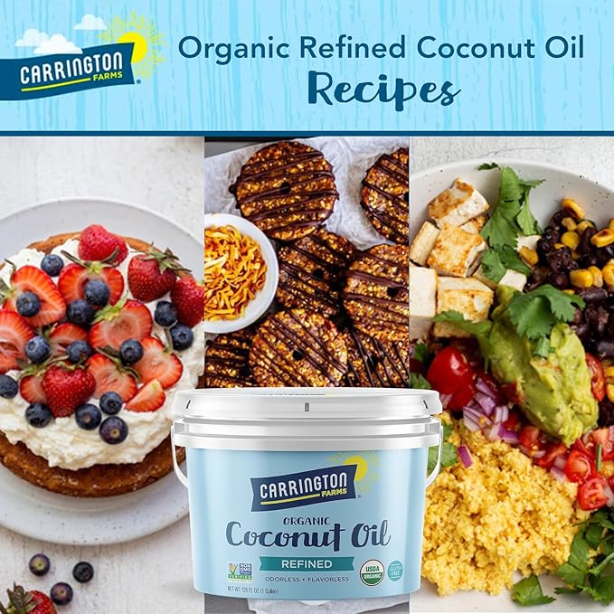 Carrington Farms Organic Refined Coconut Oil, 1 Gallon, Cold-Pressed, Non-GMO, Gluten-Free, Perfect for Cooking, Baking, Skin Care, Hair Oil, MCTs, 128 fl oz ??Nutrient-Rich, No Trans Fats
