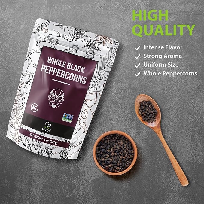 Soeos Black Peppercorns, 8oz (Pack of 1), Non-GMO, Kosher, Packed to Keep Peppers Fresh, Peppercorn for Grinder Refill, Whole Peppercorns