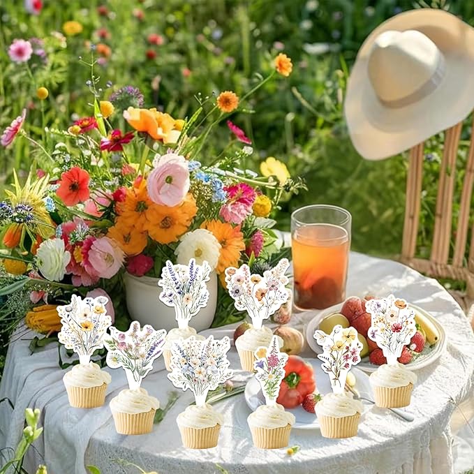 40Pcs Floral Wildflower Cupcake Toppers - Wildflower Birthday Baby Shower Baby in Bloom Party Supplies Cake Decorations for Girls and Women