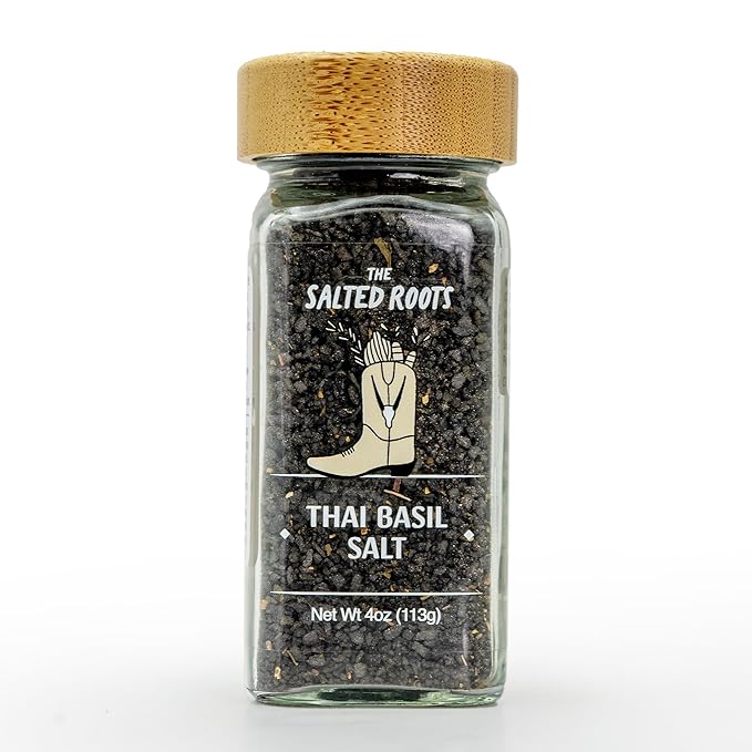 The Salted Roots - Smoked Thai Basil Salt - Infused with Thai Basil, Sauv Blanc, Lemongrass & Pomegranate - Applewood Smoked Black Hawaiian Salt - For Gourmet Cooking & Cocktails - 4oz