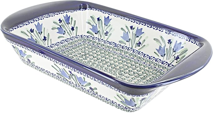 Blue Rose Polish Pottery Blue Tulip Large Rectangular Baker with Handles