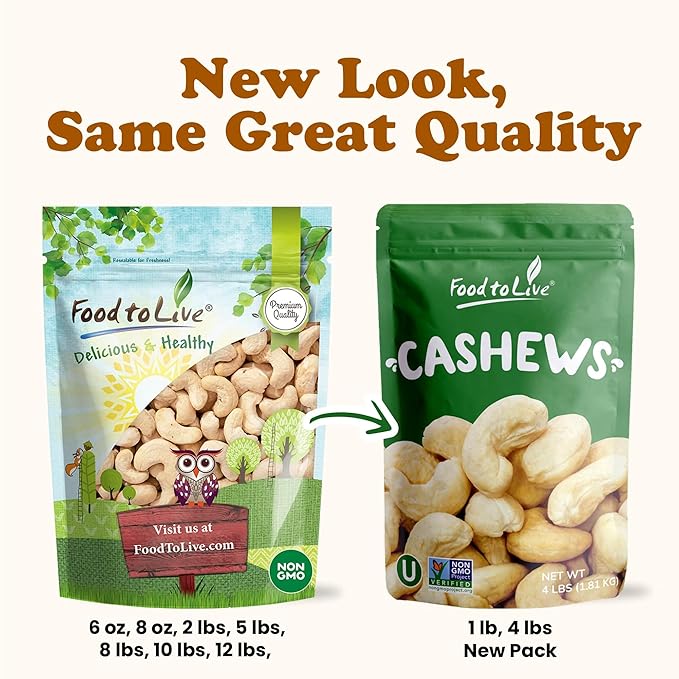 Food to Live Raw Cashews, 16 Pounds ??Non-GMO Verified, Deluxe Whole Nuts, Unsalted, Unroasted, Size W-320, Vegan, Kosher, Bulk