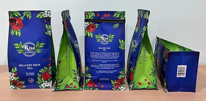 Rise Yaupon Healthy Kick Yaupon Holly Tea, 20 Tea Bags, 1.06 oz, Caffeinated Yaupon Holly with Cinnamon, Ginger, Rose Hips, Rose Petal, Hibiscus