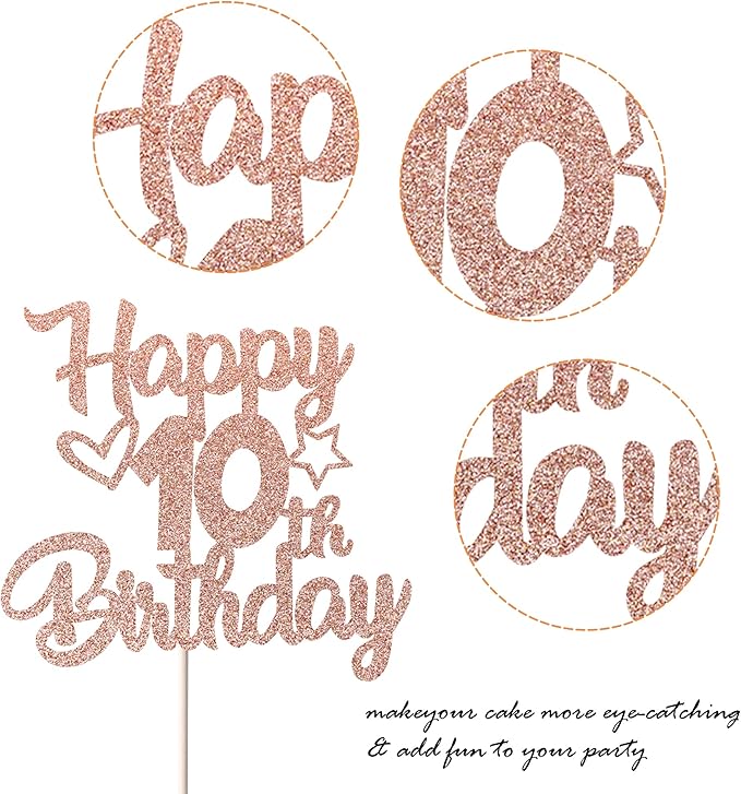 1 Pack Happy 10th Birthday Cake Topper Glitter Heart Star 10 Fabulous Cake Pick Birthday Sign Cake Decorations for Children 10th Birthday Theme Party Supplies Rose Gold