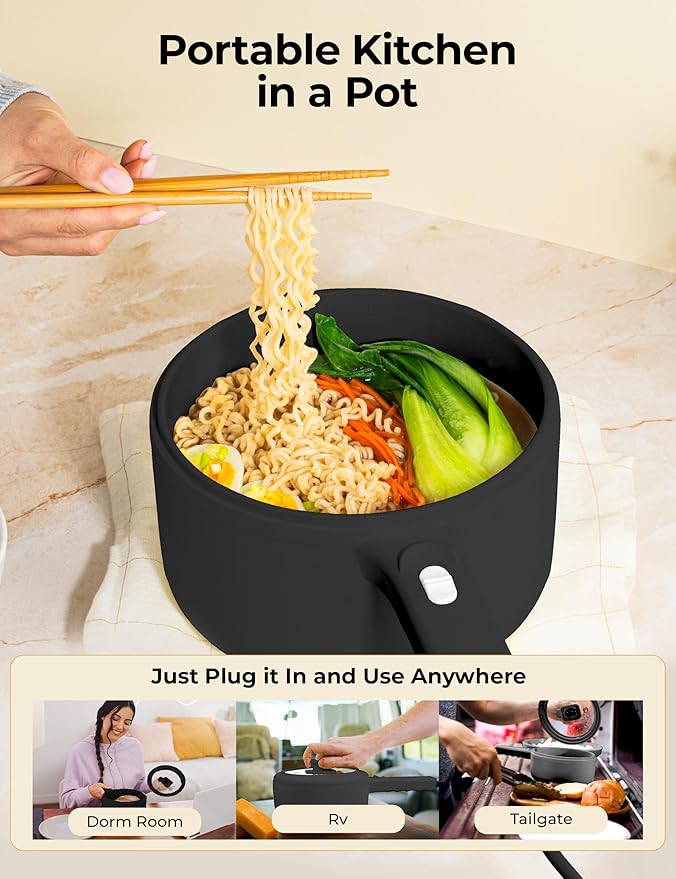 Electric Hot Pot with Lid and Steamer, 1.5L Non Toxic Ceramic Cooker Skillet for Ramen, Eggs, Pasta Portable and Compact for Dorms, Camping, RVs, Work, Adjustable Temperature