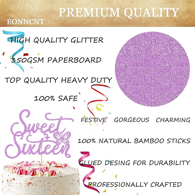 Sweet Sixteen Cake Topper - Purple Glitter Butterfly Theme Sweet 16 Birthday Cake Decorating Supplies for Girls, Sweet 16 Cake Topper for Happy 16th Birthday Anniversary Party Photo Booth Props