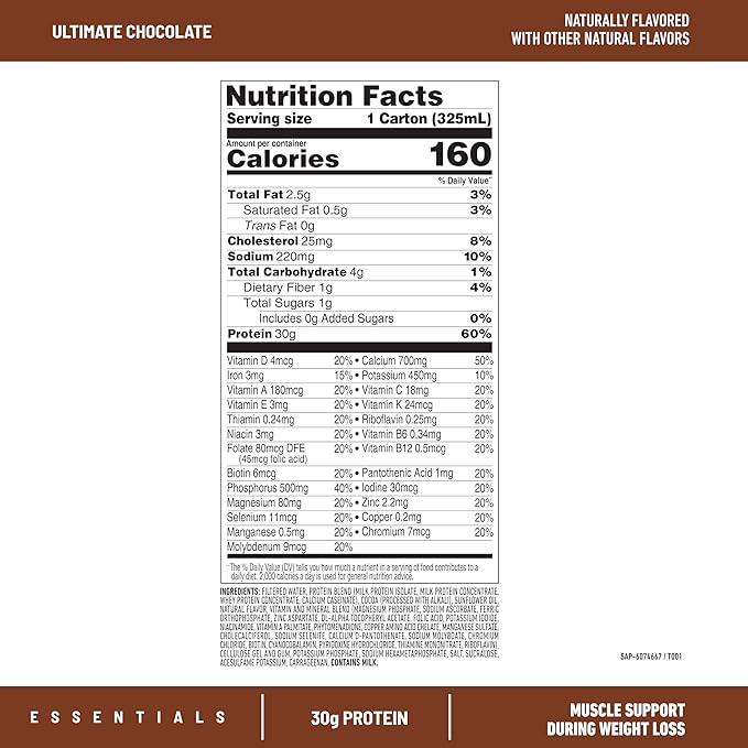 SlimFast Essentials 30g Protein Shake Chocolate, Protein Shakes Ready to Drink, Muscle Support, 1g Sugar, 25 Vitamins and Minerals, 3g Net Carbs, Ultimate Chocolate, 12 Count