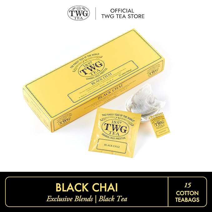 TWG Tea | Black Chai | Black Tea | Aromatic Indian Spices | 15 Hand Sewn Cotton Teabags | Gift Set
