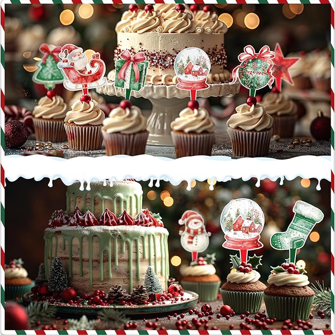 48 Pcs Christmas Cupcake Toppers - Festive Party Decorations for Christmas-Themed Birthdays, Baby Showers, and Holiday Cakes